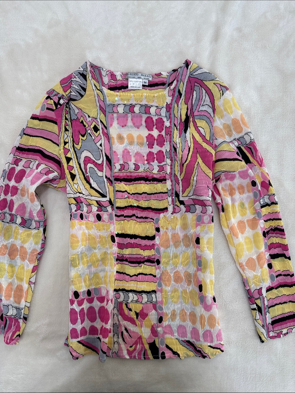 Alberto Makali Vibrant Geometric Print Button-Up Blouse in Pink Yellow Gray